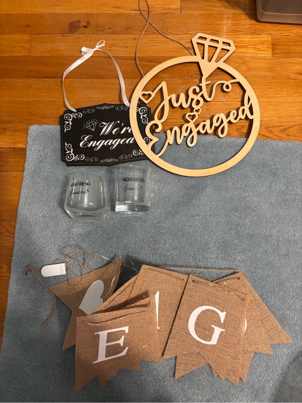 Just Engaged Wood Sign + Burlap 'ENGAGED' Banner - Natural & White